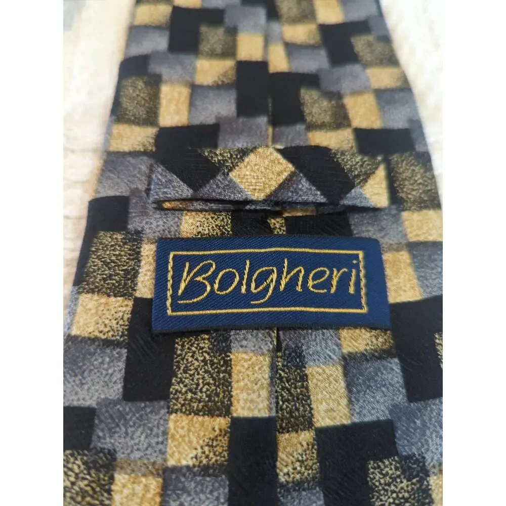 BOLGHERI Woven Geo Design of Dark Blue, Gray, Gold 100% Silk Tie 57